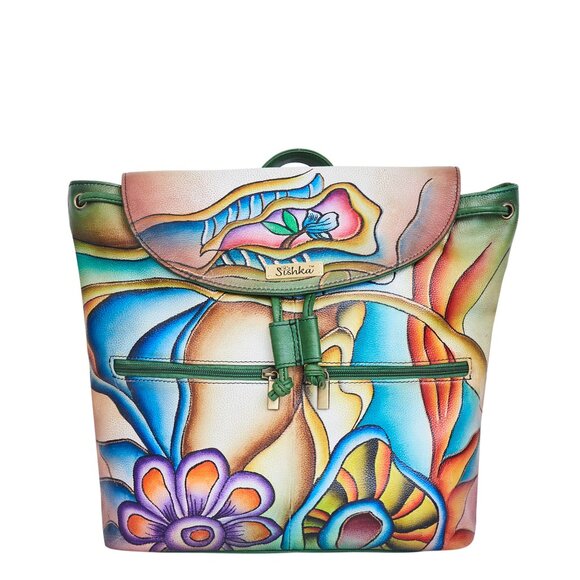 Hand-Painted Leather Backpack for Women– Daypack & Flap Drawstring Closure - Picture 1 of 7